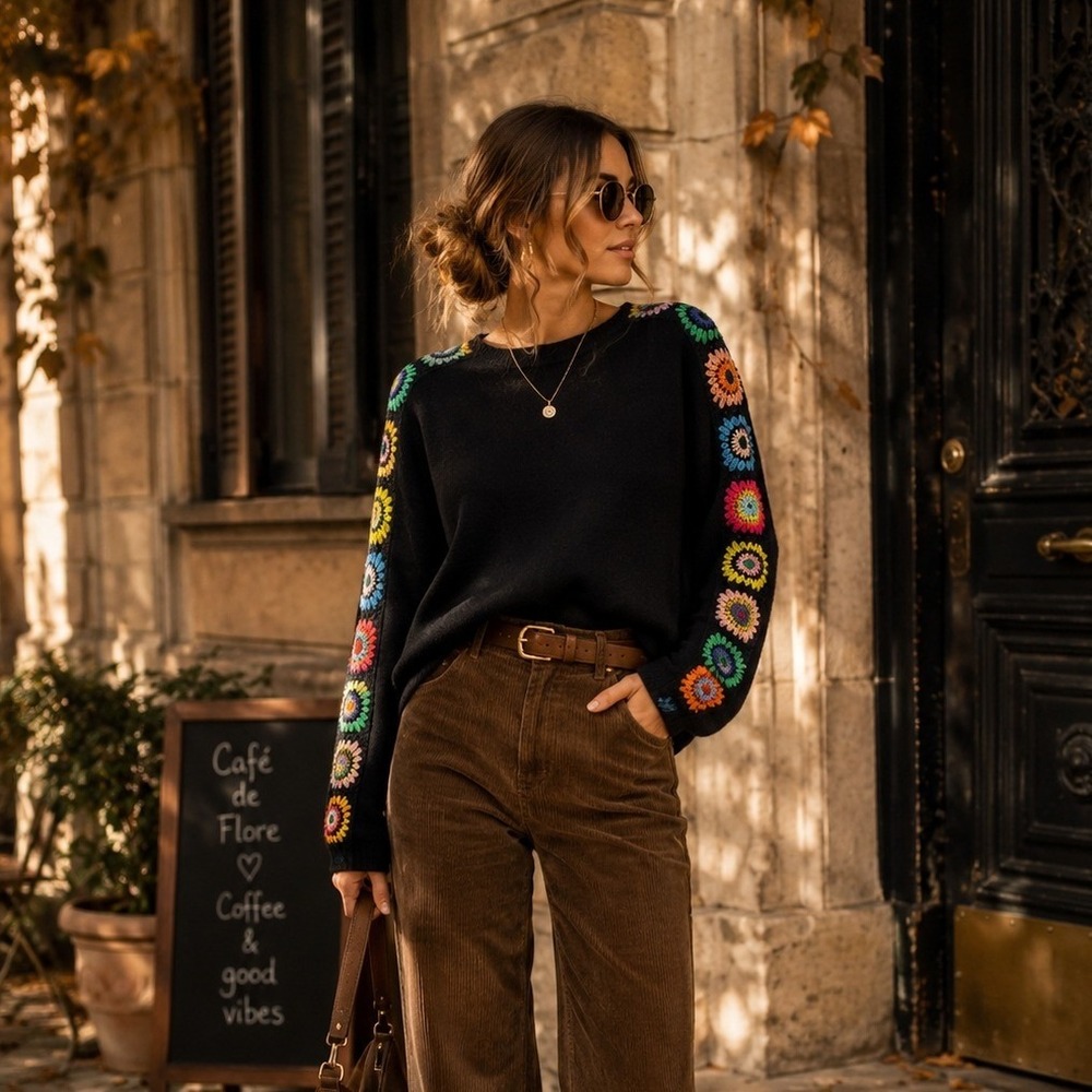Aaeda Black Crochet Floral Sleeve Sweater Womens Large Boho Knit Top Multi Color
